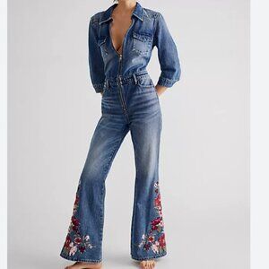 Driftwood Womens Floral Embroidered Love It Denim Jumpsuit Full Length Size M